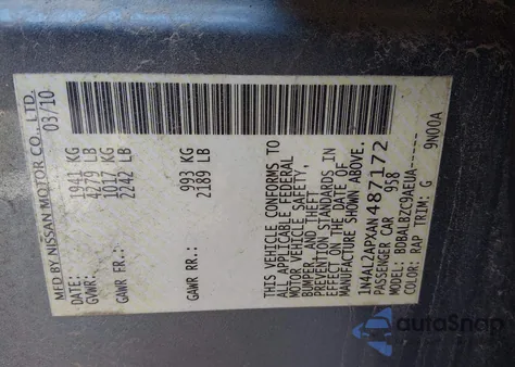 2010 Nissan Altima 2.5 S from USA, damaged, VIN 1N4AL2APXAN487172